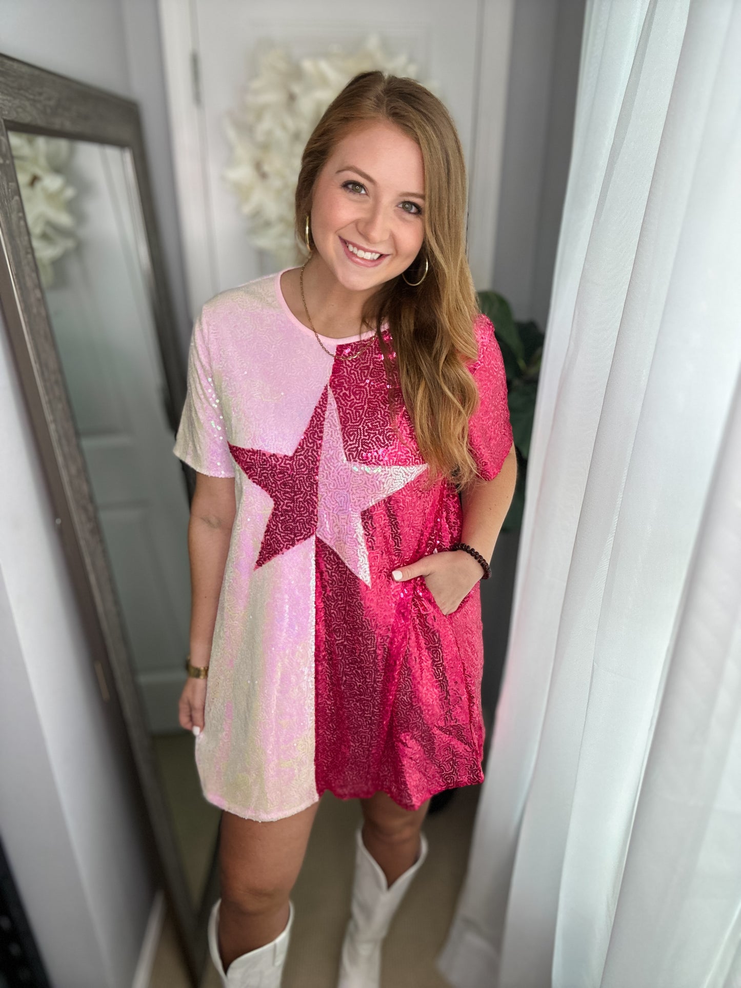 Pink/Magenta Split Star Sequin Dress