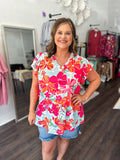 Bright Floral V-Neck Flutter Sleeve Top