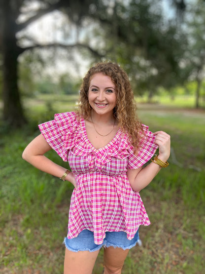 Pink Gingham Ruffle Top