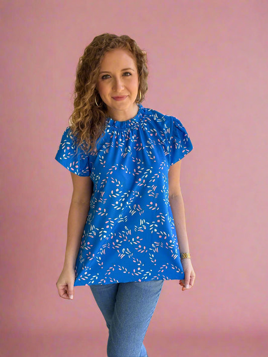 Blue Patterned Ruffle Mock Neck Top