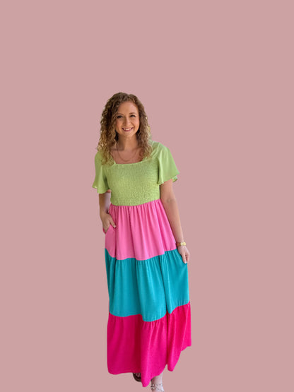 Color Block Flutter Sleeve Smocked Top Maxi