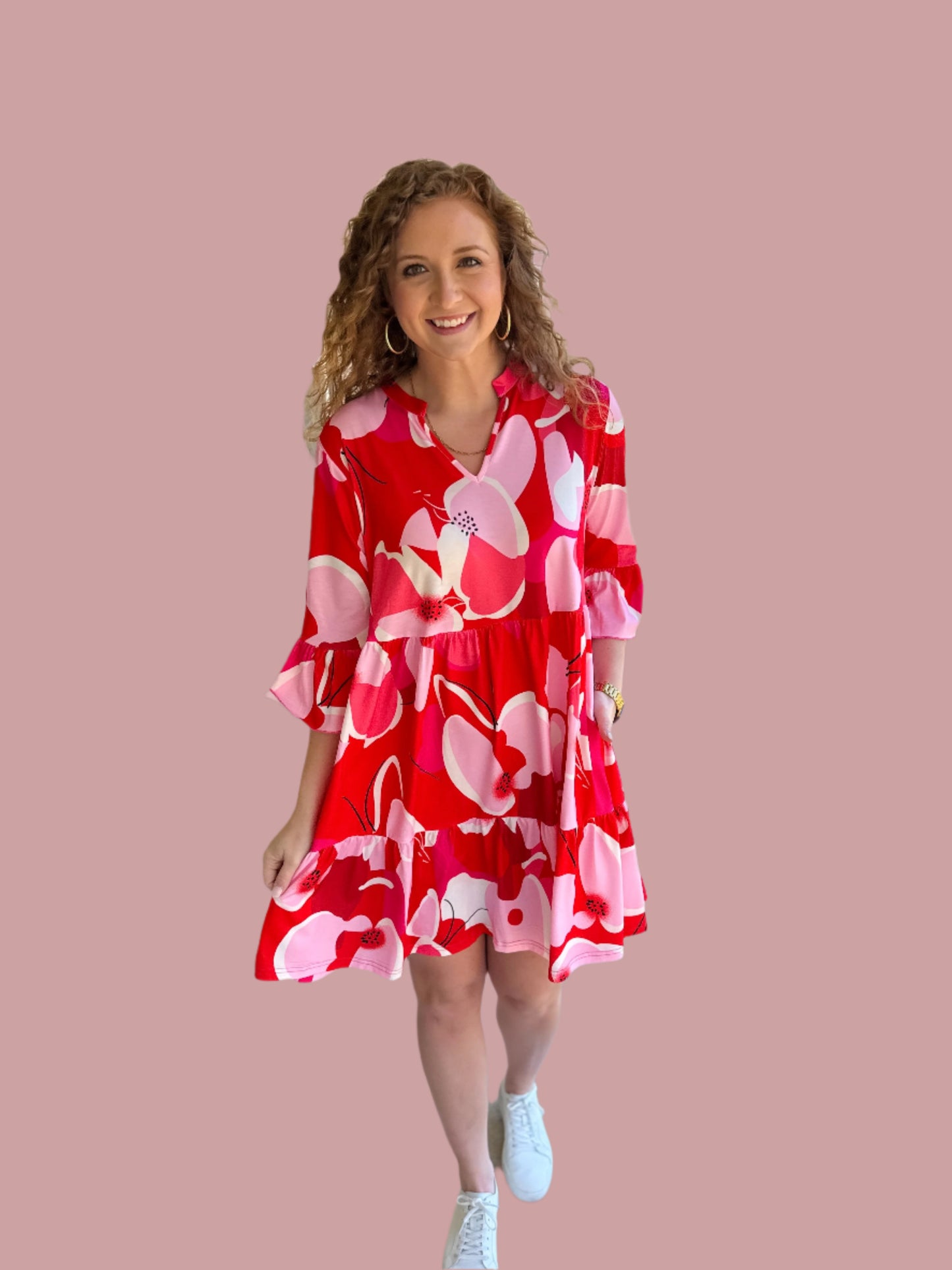 Red & Pink Floral V-Neck Dress