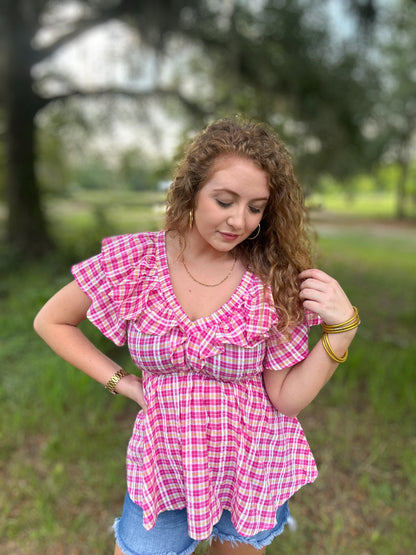 Pink Gingham Ruffle Top