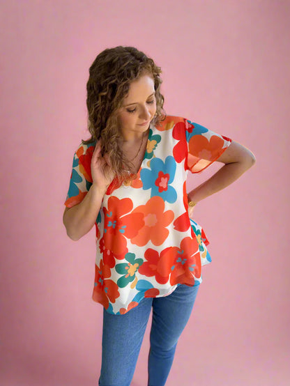 Floral Chiffon V-Neck Top