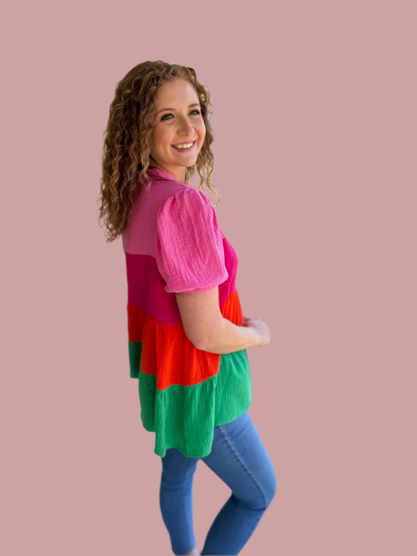 Color Block Bubble Sleeve Top