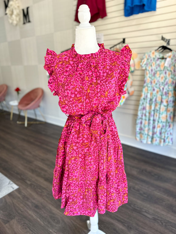 Magenta Floral Waist Tie Ruffle Frill Dress