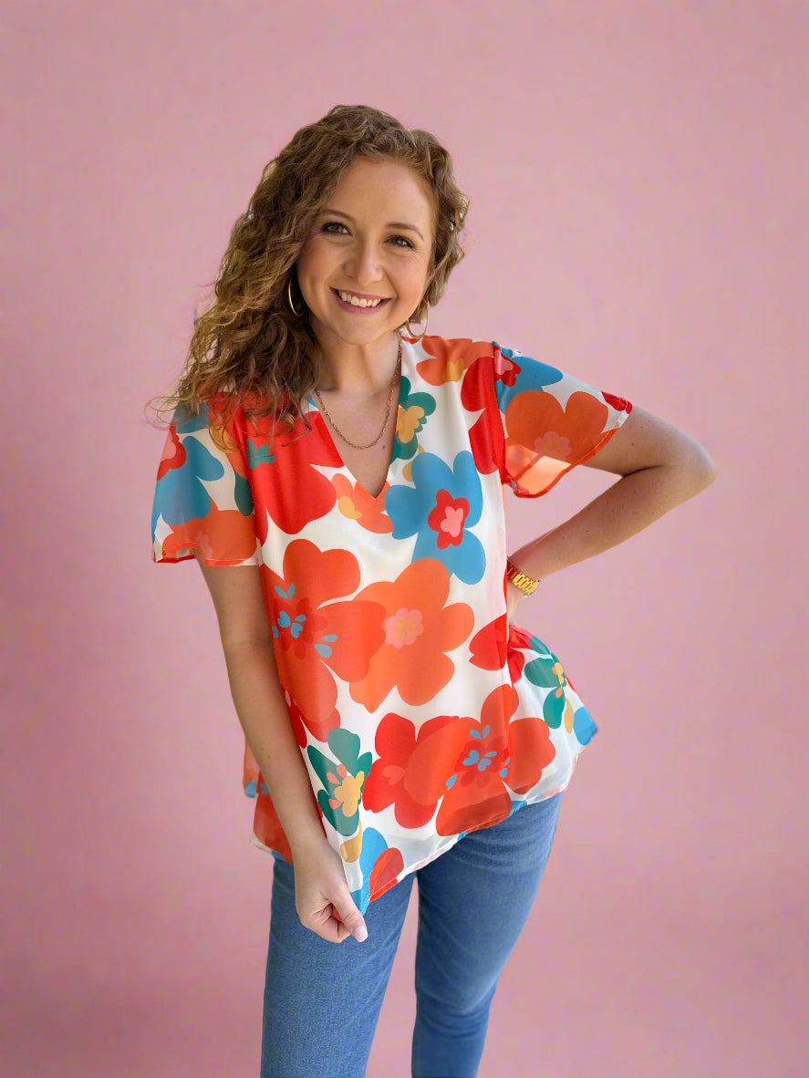 Floral Chiffon V-Neck Top