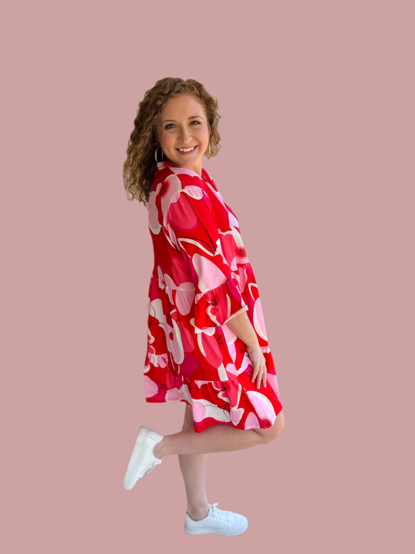 Red & Pink Floral V-Neck Dress