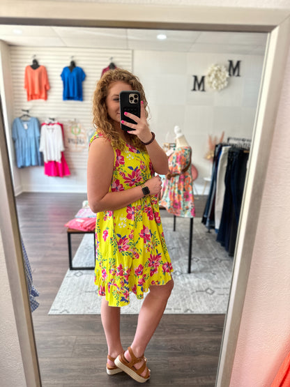 Lime Yellow Floral Sleeveless Dress