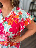 Bright Floral V-Neck Flutter Sleeve Top