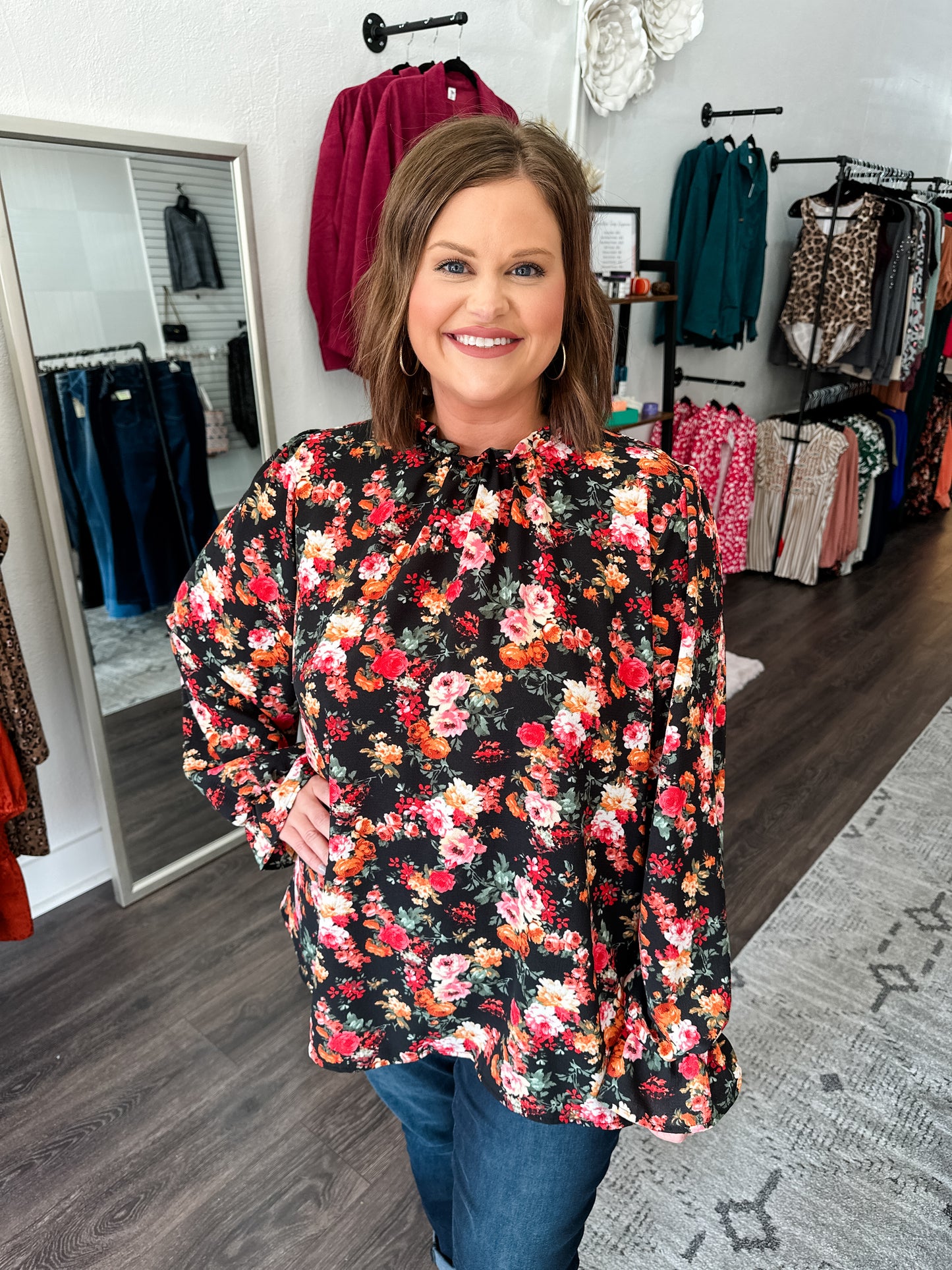 Black Floral Ruffle Accent Top