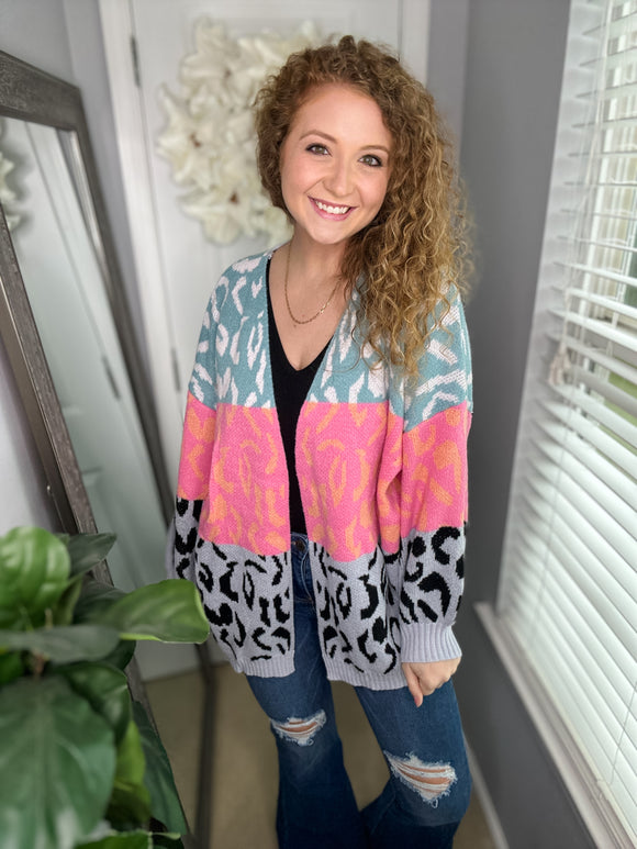 Animal Print Color Block Cardigan