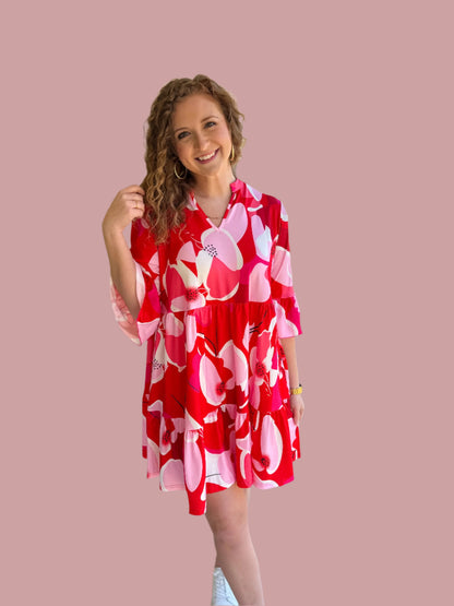 Red & Pink Floral V-Neck Dress