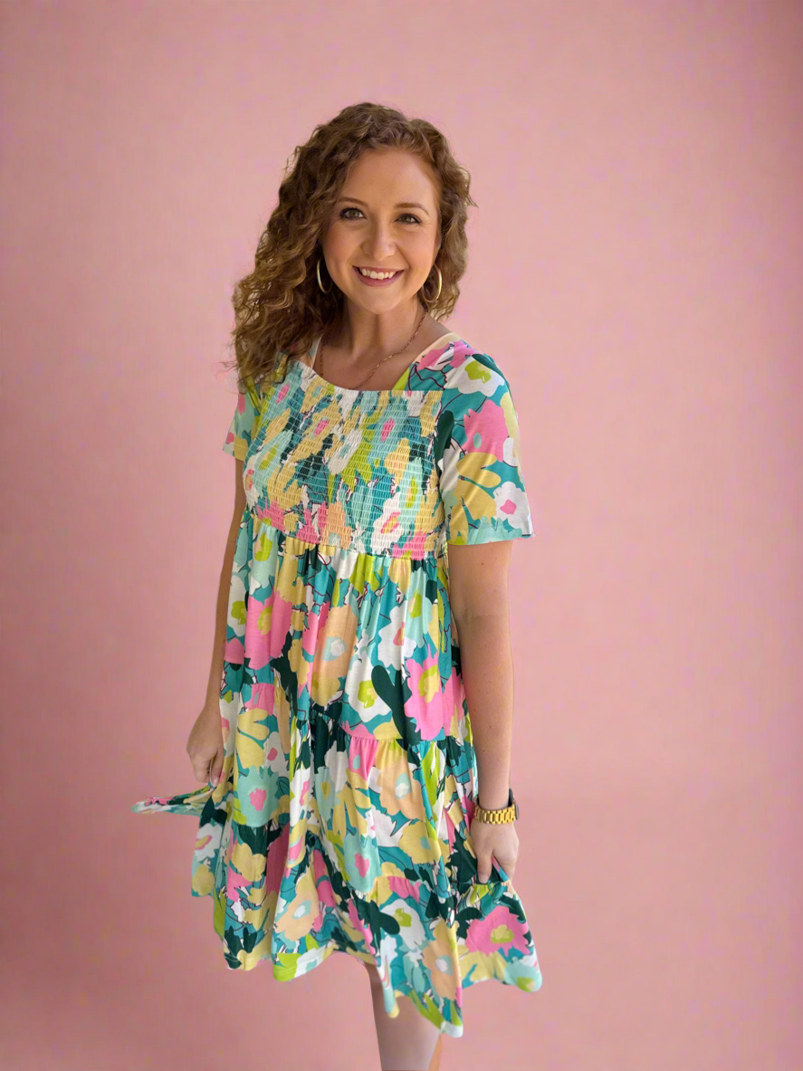 Aqua Floral Smocked Midi Dress