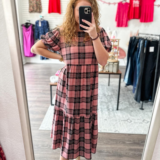 Pink Plaid Midi Dress