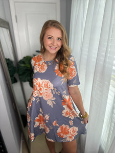 Slate/Orange Floral Swing Dress