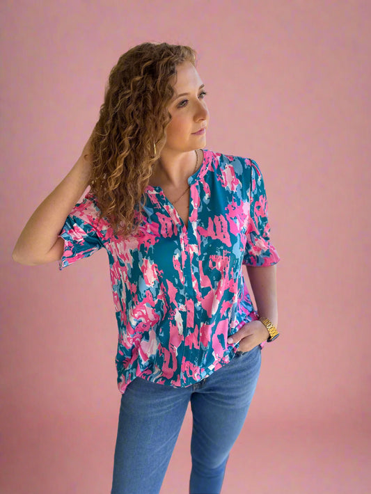 Teal & Pink Abstract Top