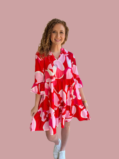 Red & Pink Floral V-Neck Dress