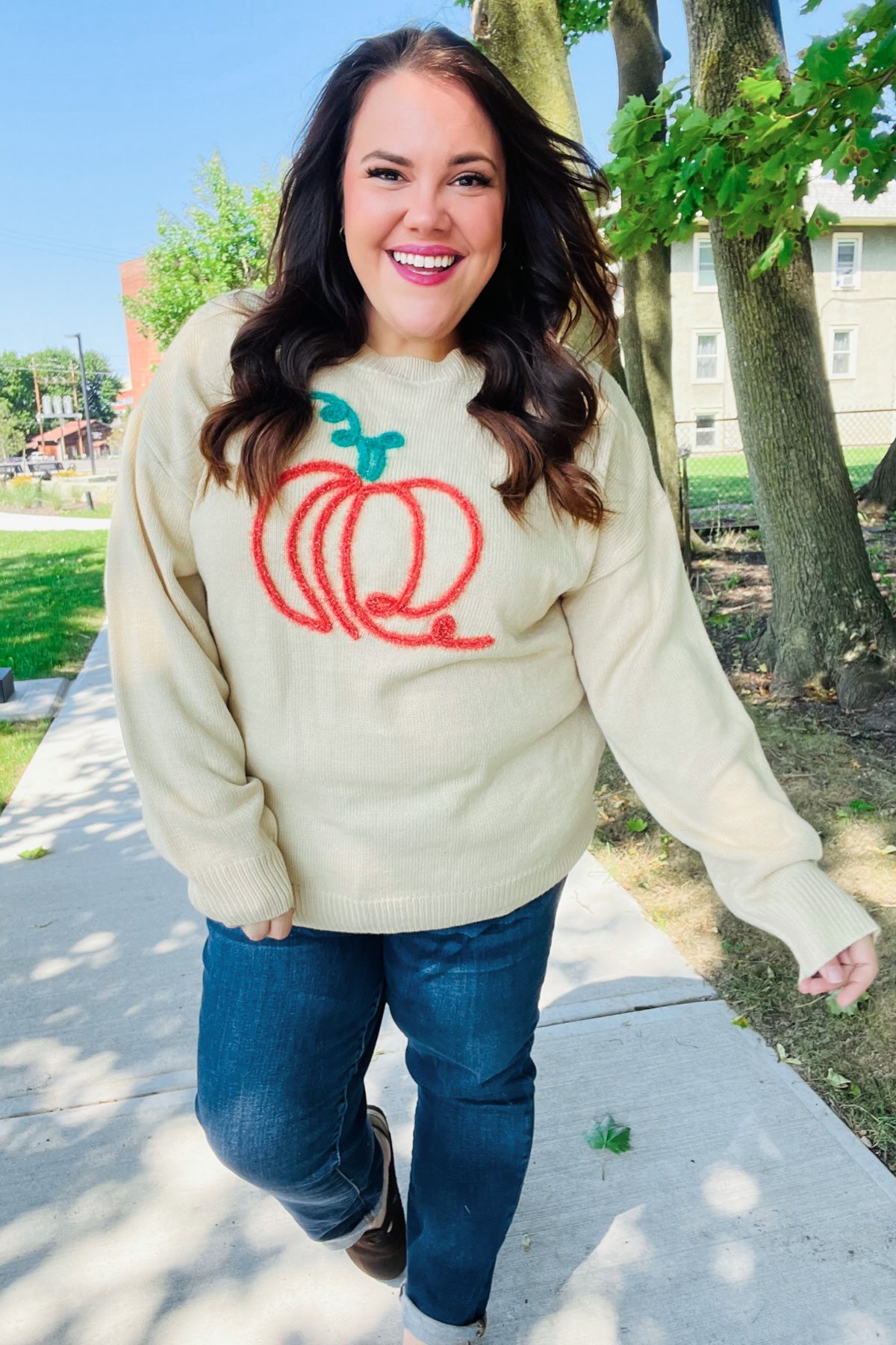 Taupe Embroidered Pumpkin Oversized Sweater