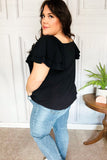 Black Double Ruffle Sleeve Square Neck Ribbed Top