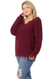 Distressed Hem Waffle Neck Sweater : Burgundy