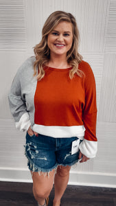 Burnt Orange Color Block Hacci Sweater Top