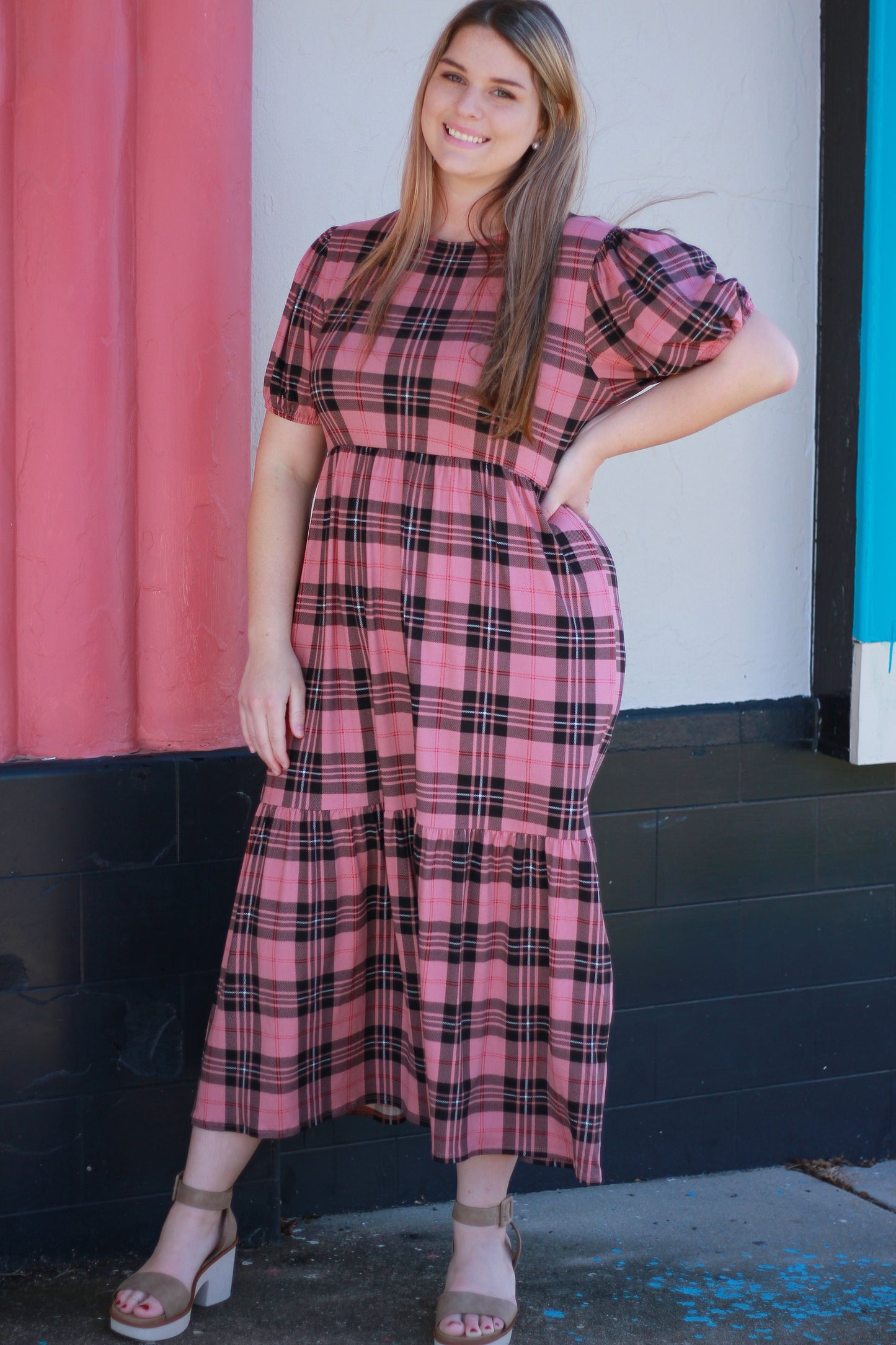 Pink Plaid Midi Dress