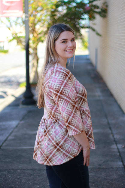 Pink Plaid Peplum Top