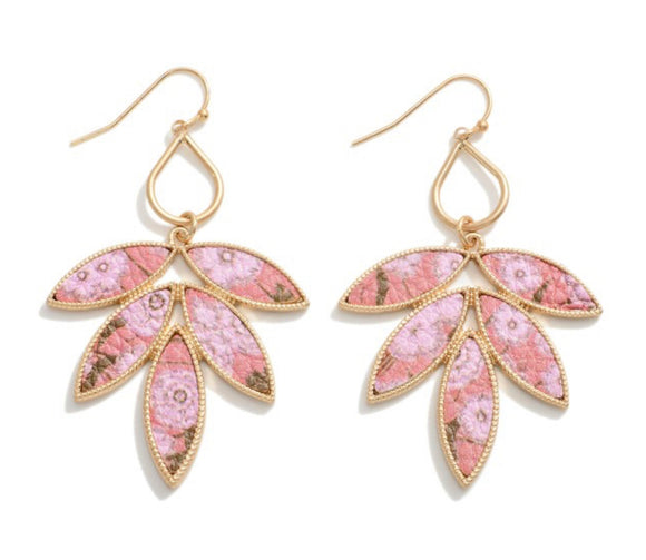 Floral Leather Drop Earrings : Pink