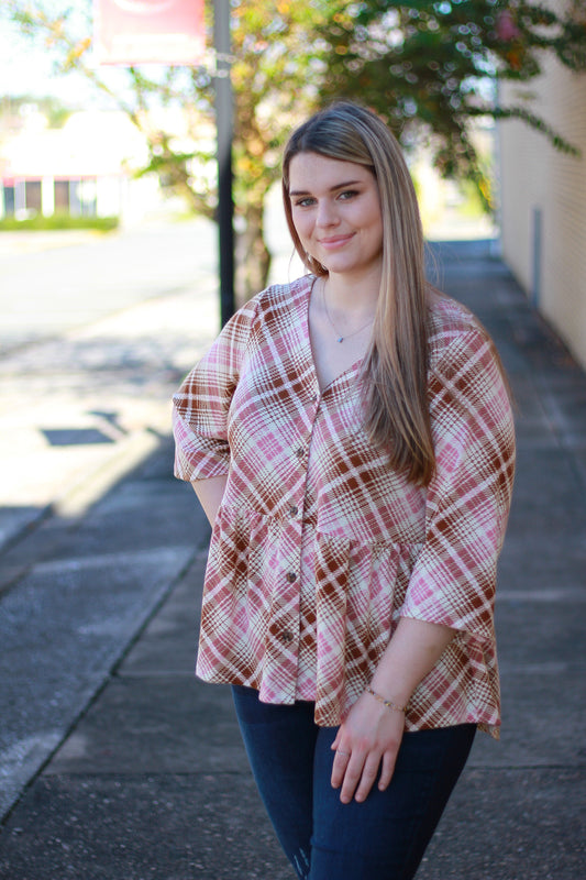 Pink Plaid Peplum Top