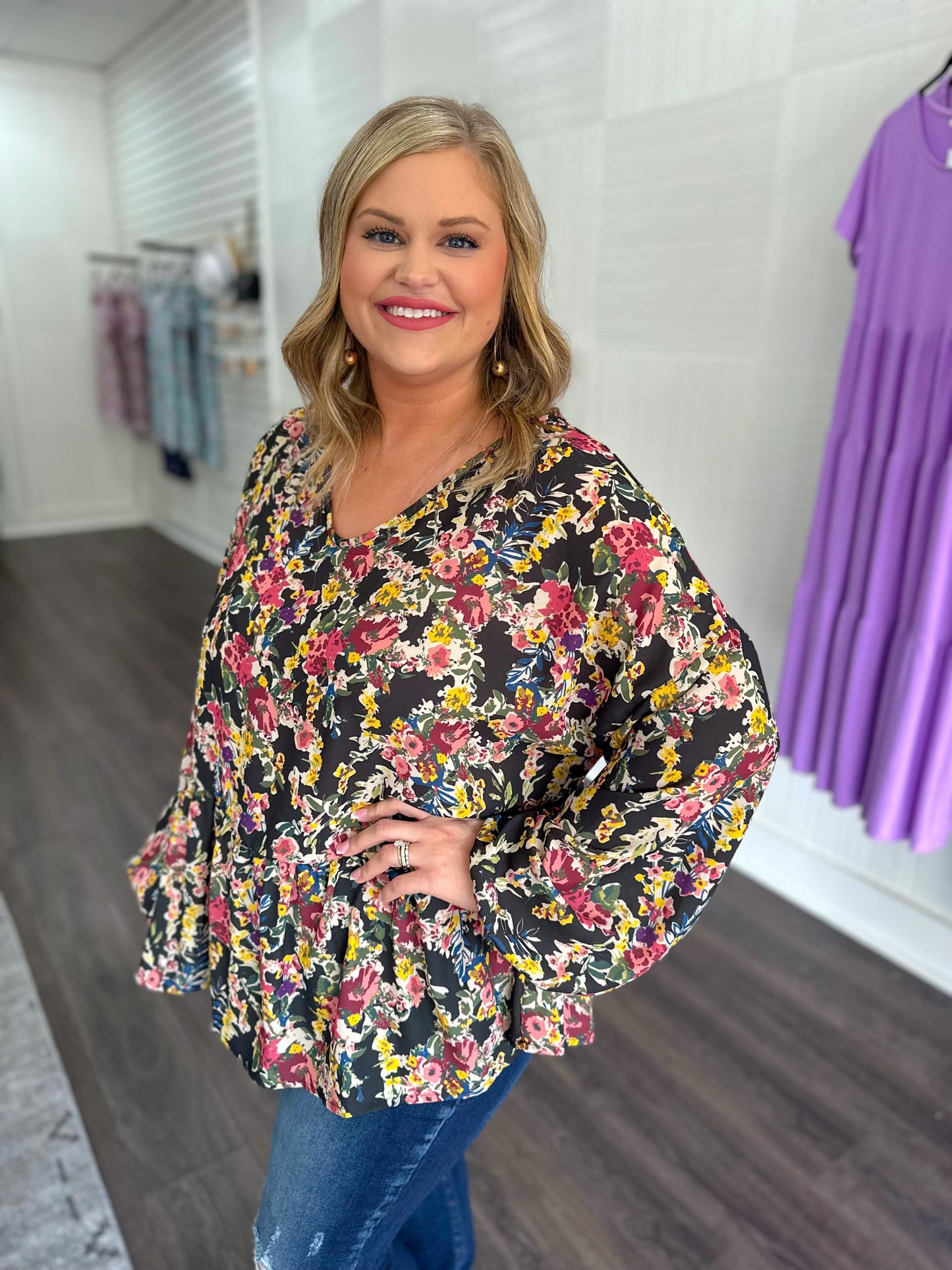 Black and Taupe Floral Baby Doll Top