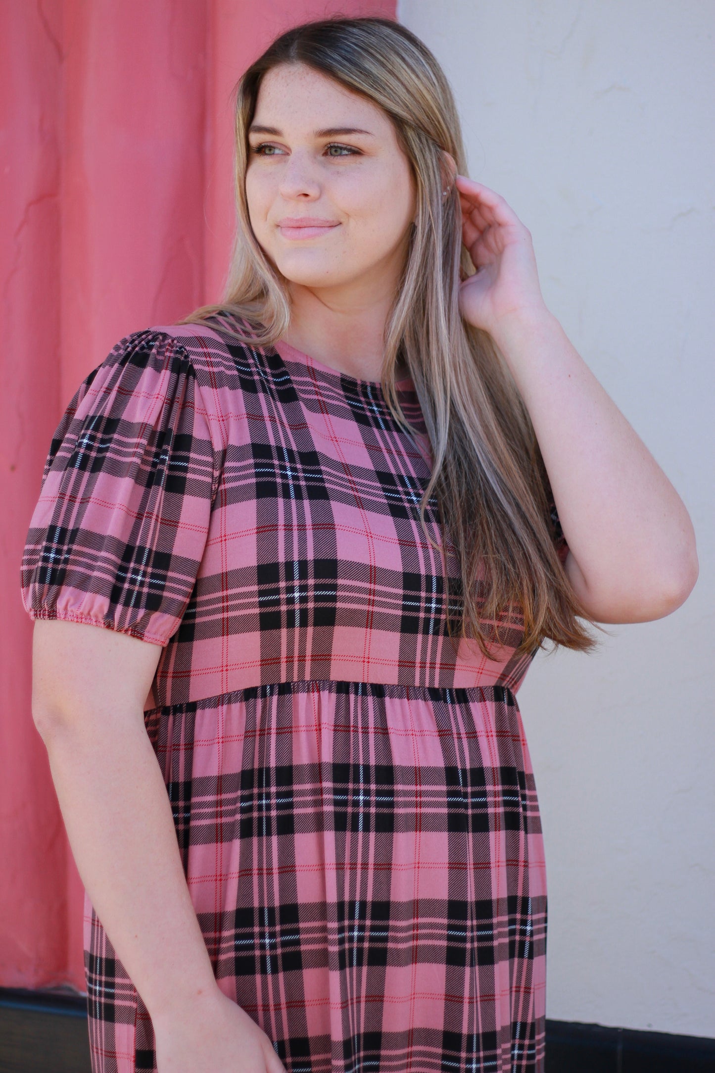 Pink Plaid Midi Dress