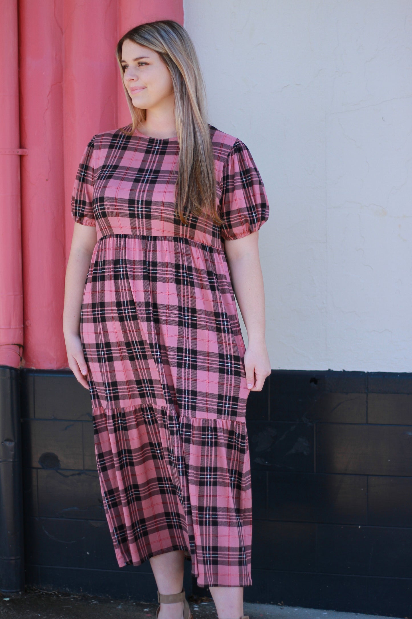 Pink Plaid Midi Dress