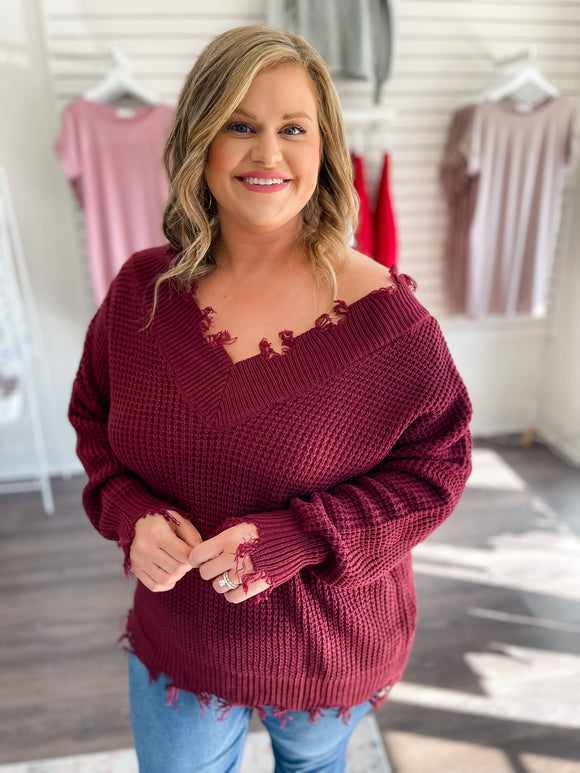 Distressed Hem Waffle Neck Sweater : Burgundy