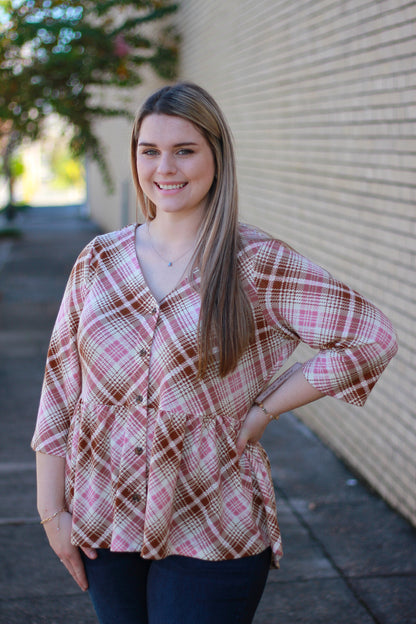 Pink Plaid Peplum Top